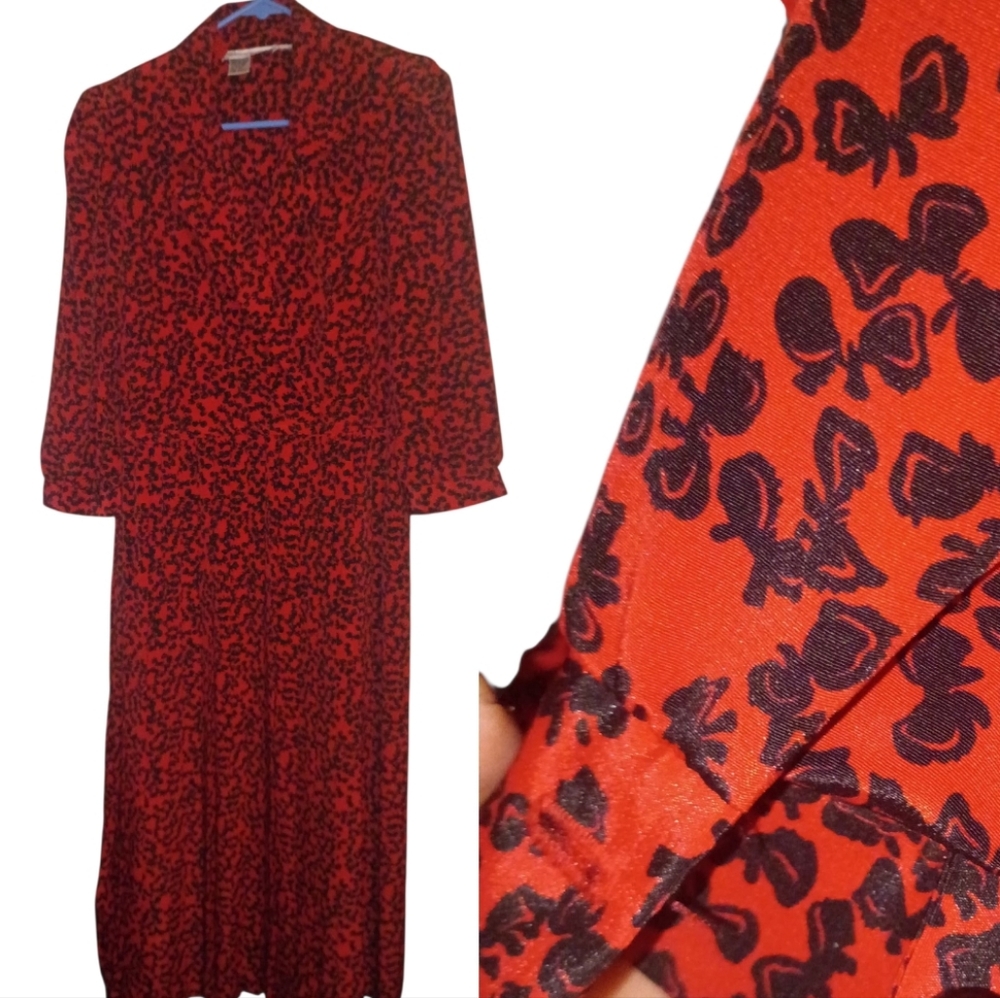 🦄😍Act 1 New York Chic Red and Black Patterned Long Sleeve Dress Made In Korea
